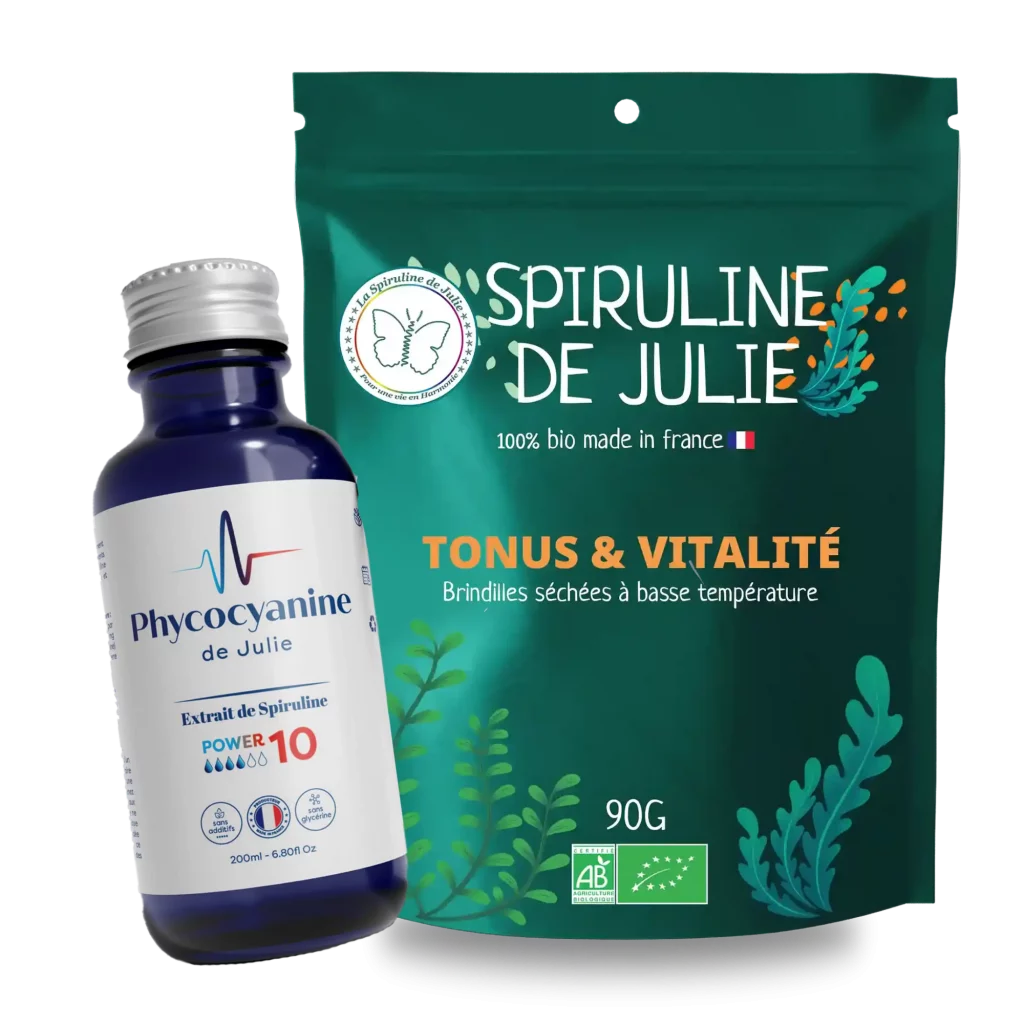 COMBO Phycocyanine & Spiruline - une bouteille 100ml de phycocyanine power 10 et un sachet de spiruline 90g en comprimés ou brindilles