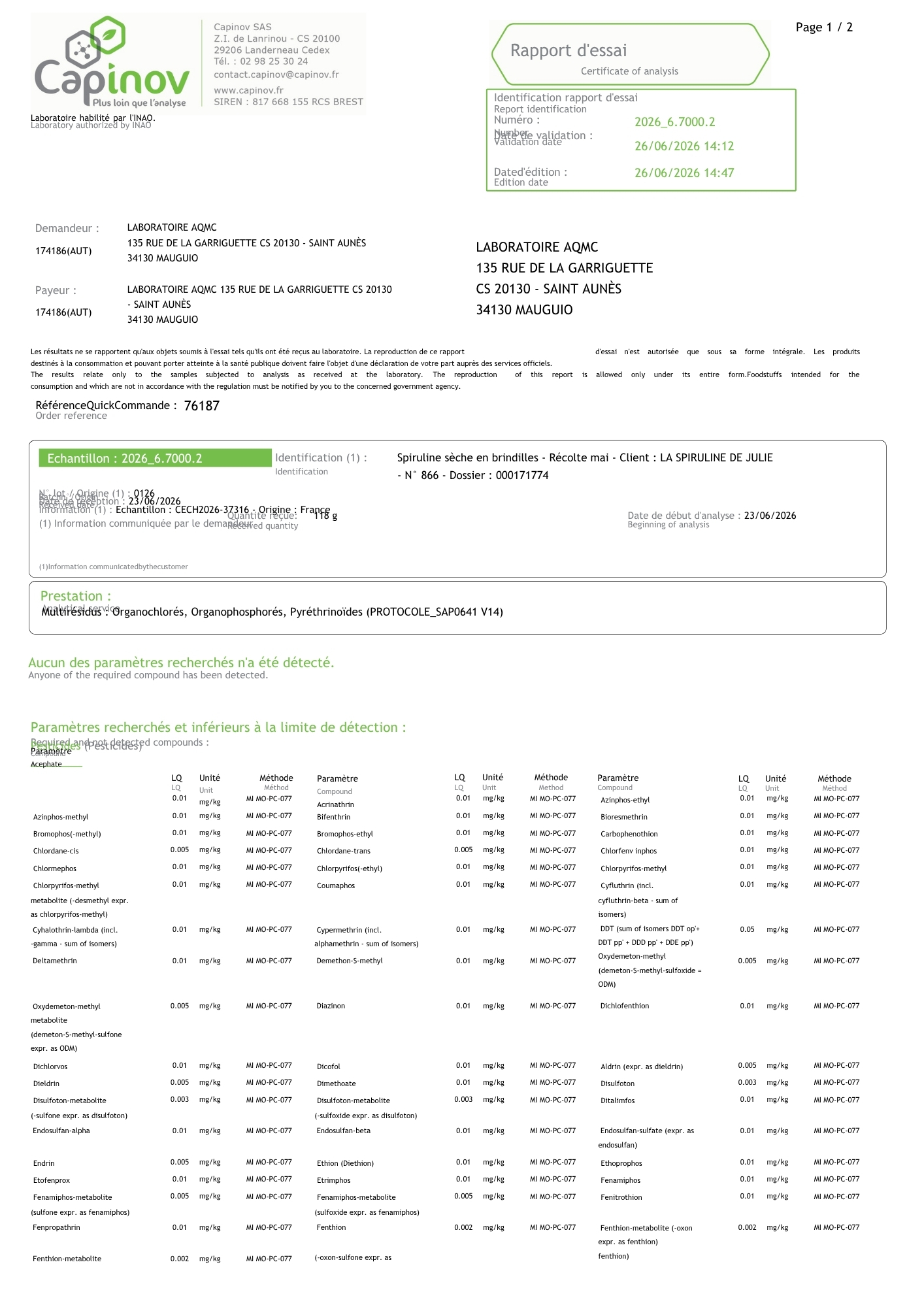 Analyse pesticides spiruline 2026 part 1/2