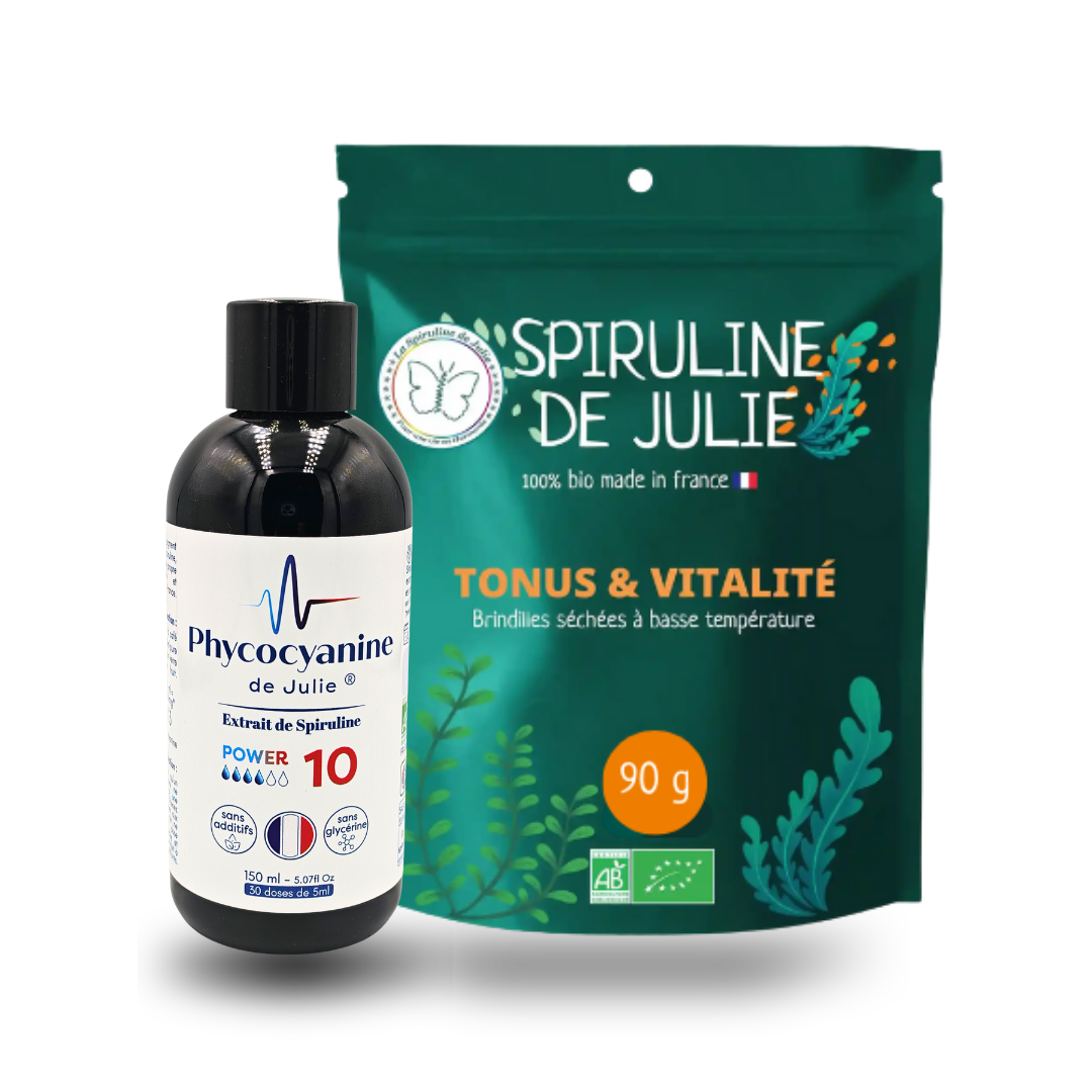 COMBO Phycocyanine & Spiruline - une bouteille 150ml de phycocyanine power 10 et un sachet de spiruline 90g en comprimés ou brindilles